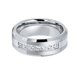 8mm - Silver Tungsten Wedding Band W/ 7 CZ Diamond Inlay High Polish