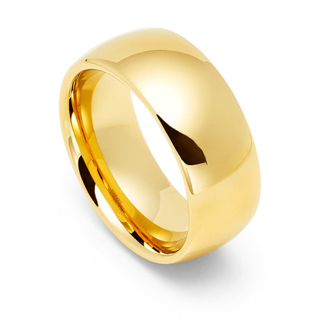 9mm - Yellow Gold Tungsten Wedding Band, High Polish Dome Shape, Anniversary Ring