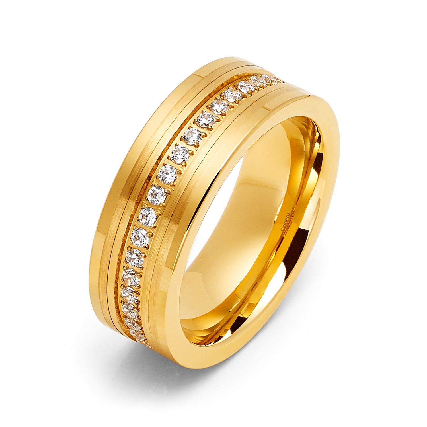 8mm - Men's Tungsten Wedding Band, CZ Diamond Ring, Comfort Fit Ring, Yellow Gold Ring,