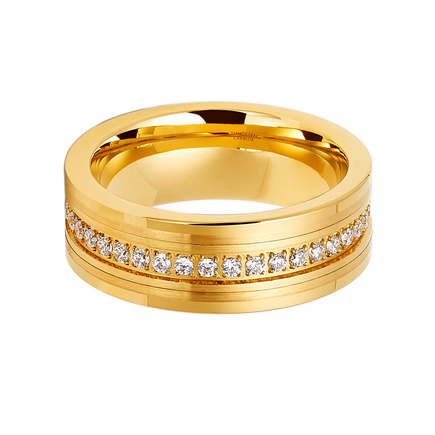 8mm - Men's Tungsten Wedding Band, CZ Diamond Ring, Comfort Fit Ring, Yellow Gold Ring,