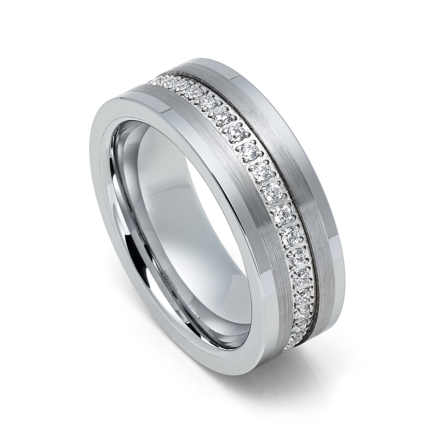 8mm - Men's Tungsten Wedding Band, CZ Diamond Ring, Comfort Fit Anniversary Ring