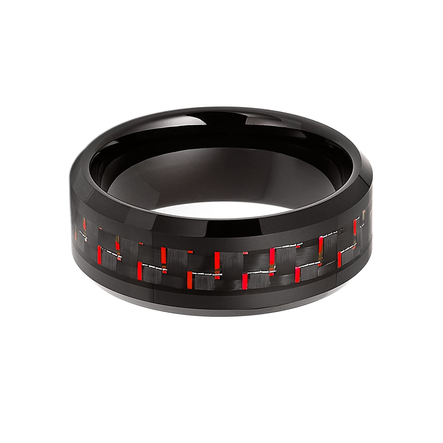 8mm Black Tungsten Carbide Ring With Red Carbon Fiber Inlay
