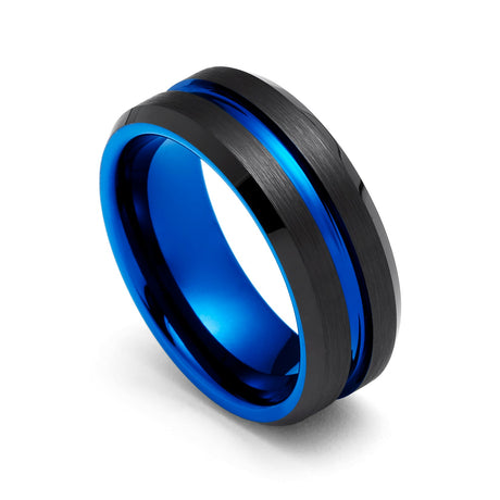 8mm - Black Blue Tungsten Carbide Ring Center Groove Beveled Edges Wedding Band