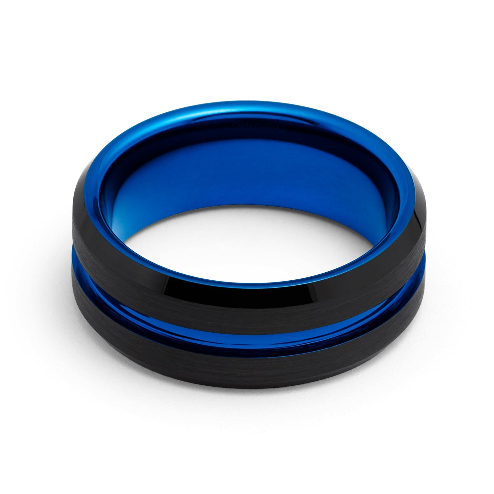 8mm - Black Blue Tungsten Carbide Ring Center Groove Beveled Edges Wedding Band
