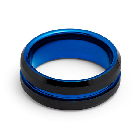 8mm - Black Blue Tungsten Carbide Ring Center Groove Beveled Edges Wedding Band