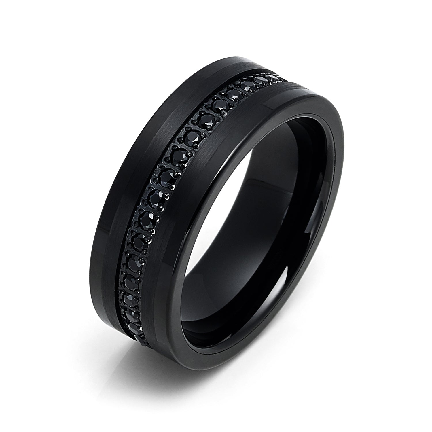 8mm - Mens Tungsten Wedding Band, Brushed Black CZ Diamonds, Tungsten Ring