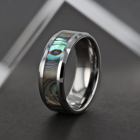 14k White Gold Polished Beveled Edges W/ Mother of Pearl Inlay - 8 mm