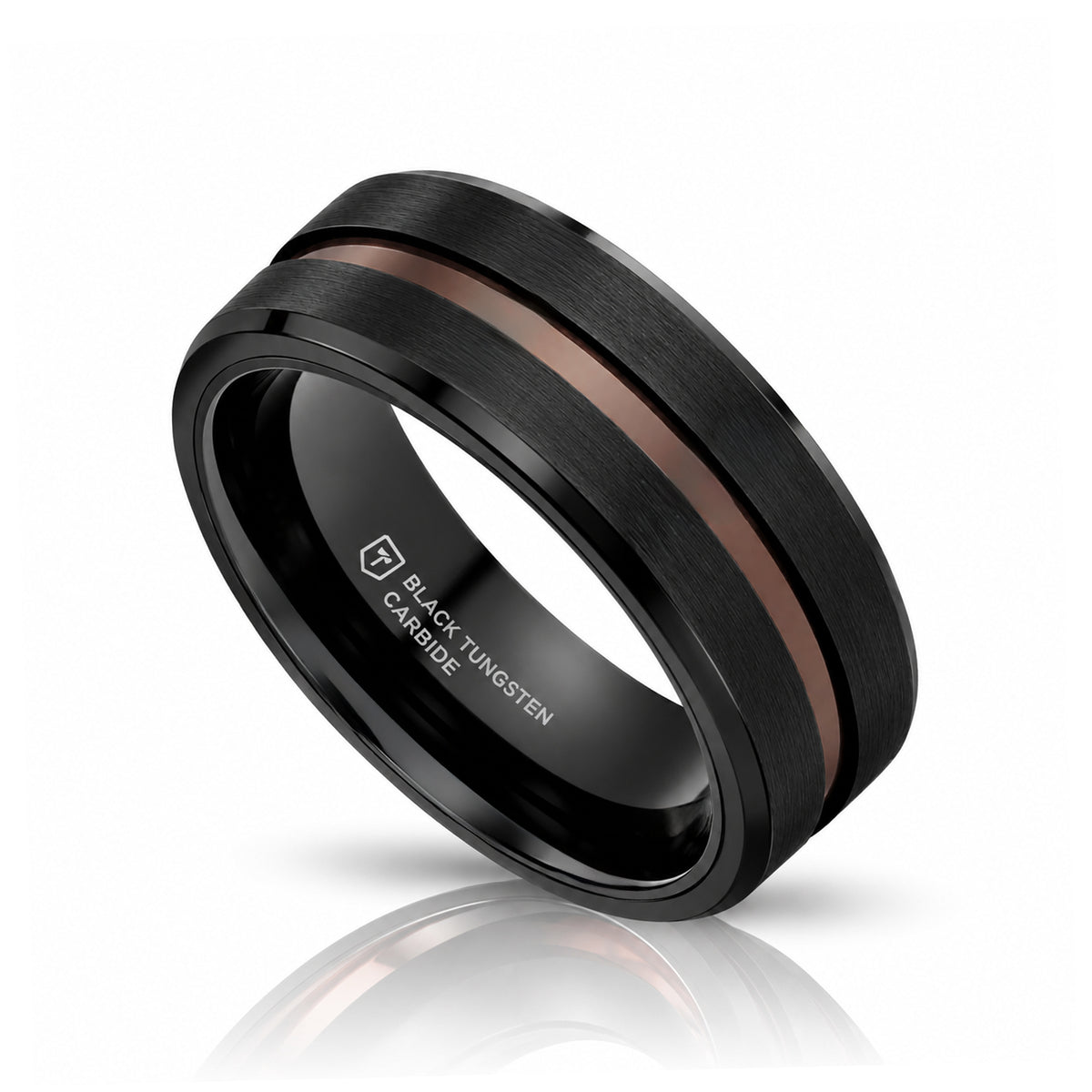 NEVAN 8mm Black Tungsten Wedding Band with Espresso Brown Groove Center