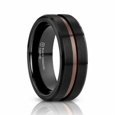 NEVAN 8mm Black Tungsten Wedding Band with Espresso Brown Groove Center