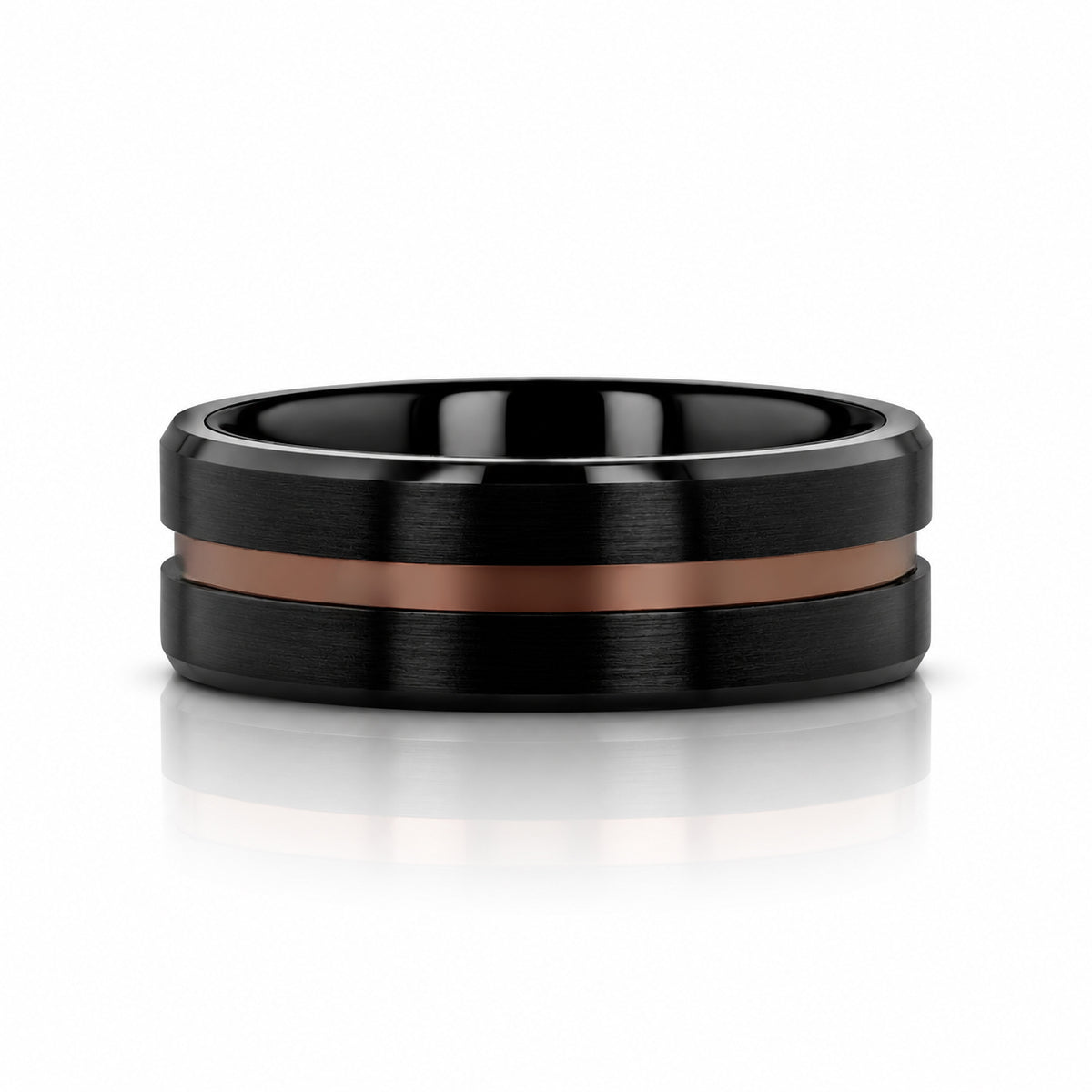 NEVAN 8mm Black Tungsten Wedding Band with Espresso Brown Groove Center