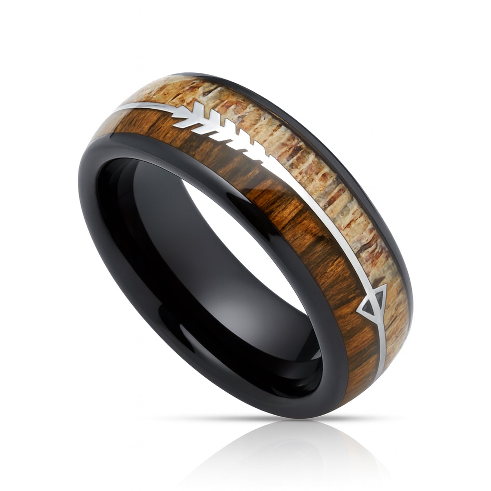 8mm Black Tungsten Wedding Ring W/ Koa Wood & Antler Arrow Ring