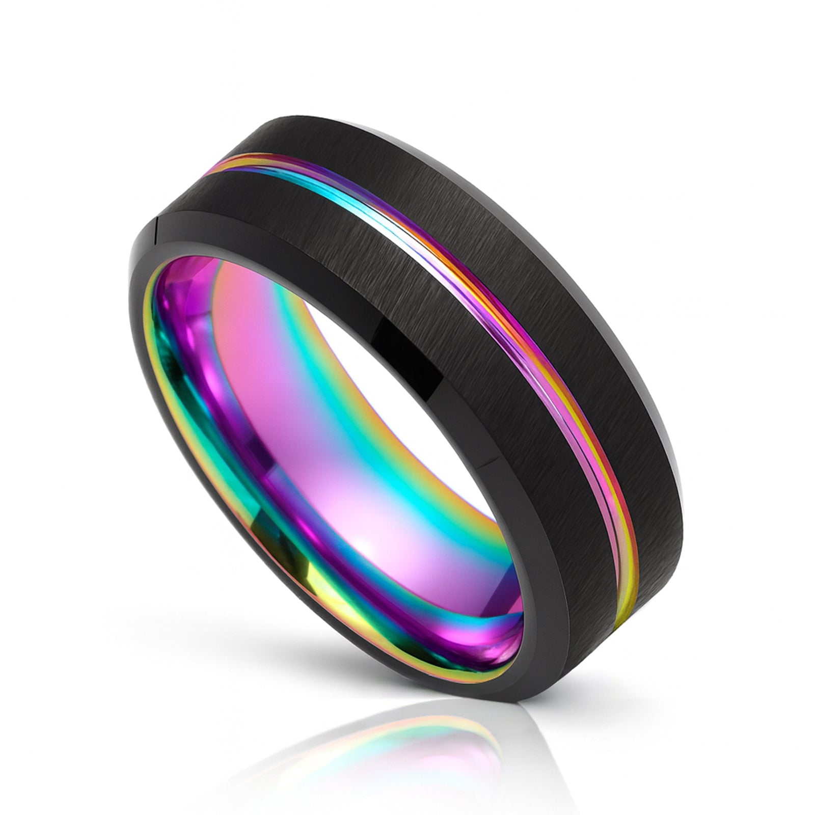 8mm - Tungsten Carbide Multi-Color Ring Grooved Black Matte Finish Beveled Edges Engagement Ring