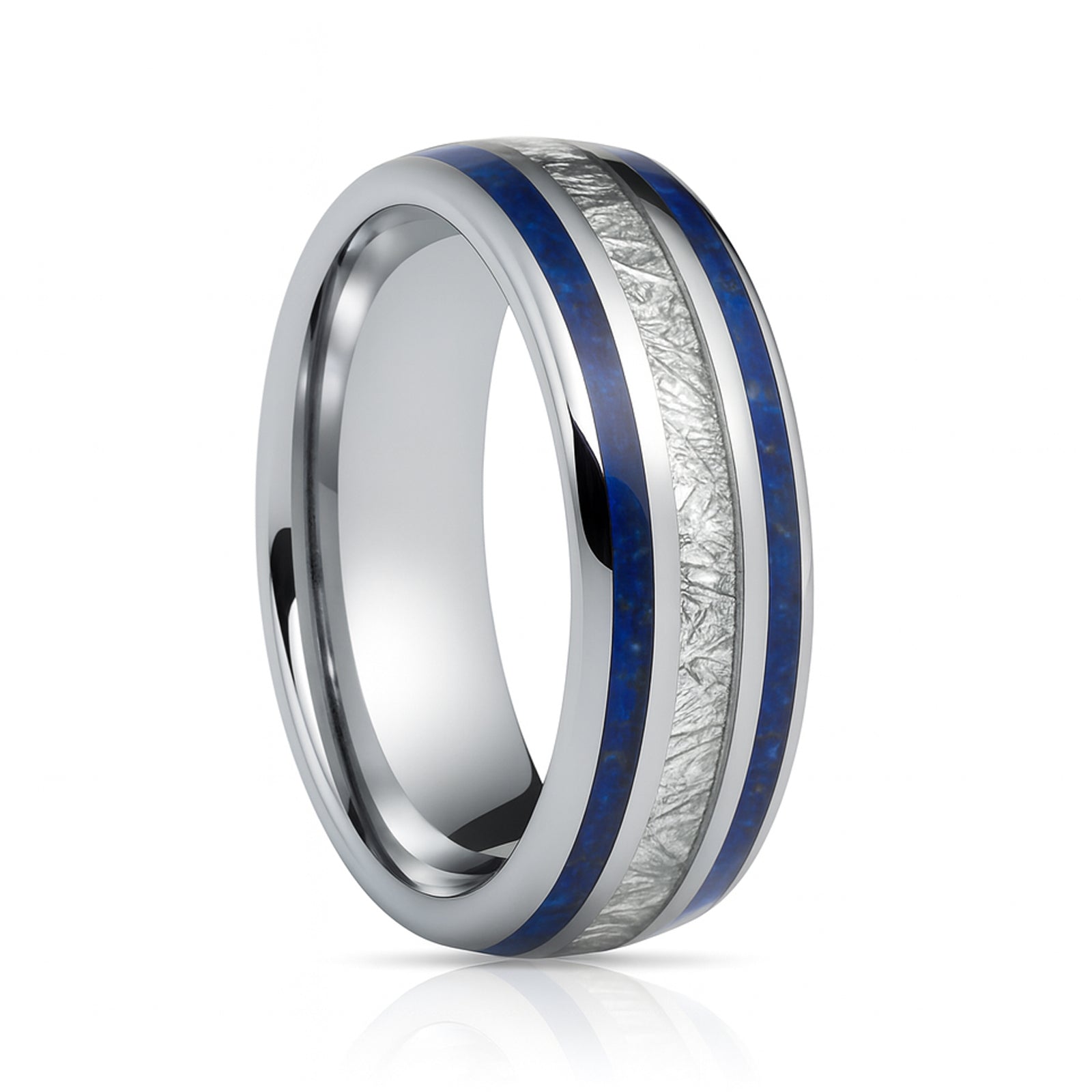 8mm - Mens Domed Tungsten Meteorite Ring, W/ Lapis Lazuli Inlay