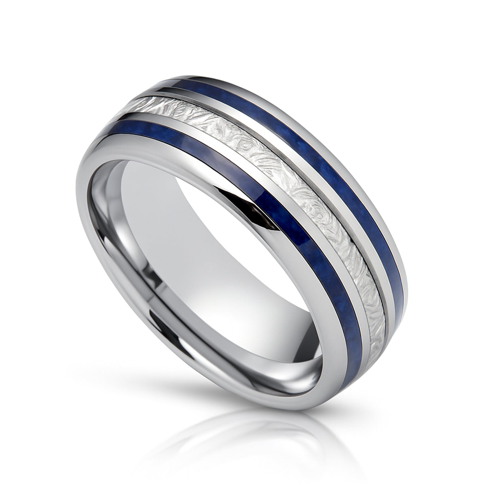 8mm - Mens Domed Tungsten Meteorite Ring, W/ Lapis Lazuli Inlay