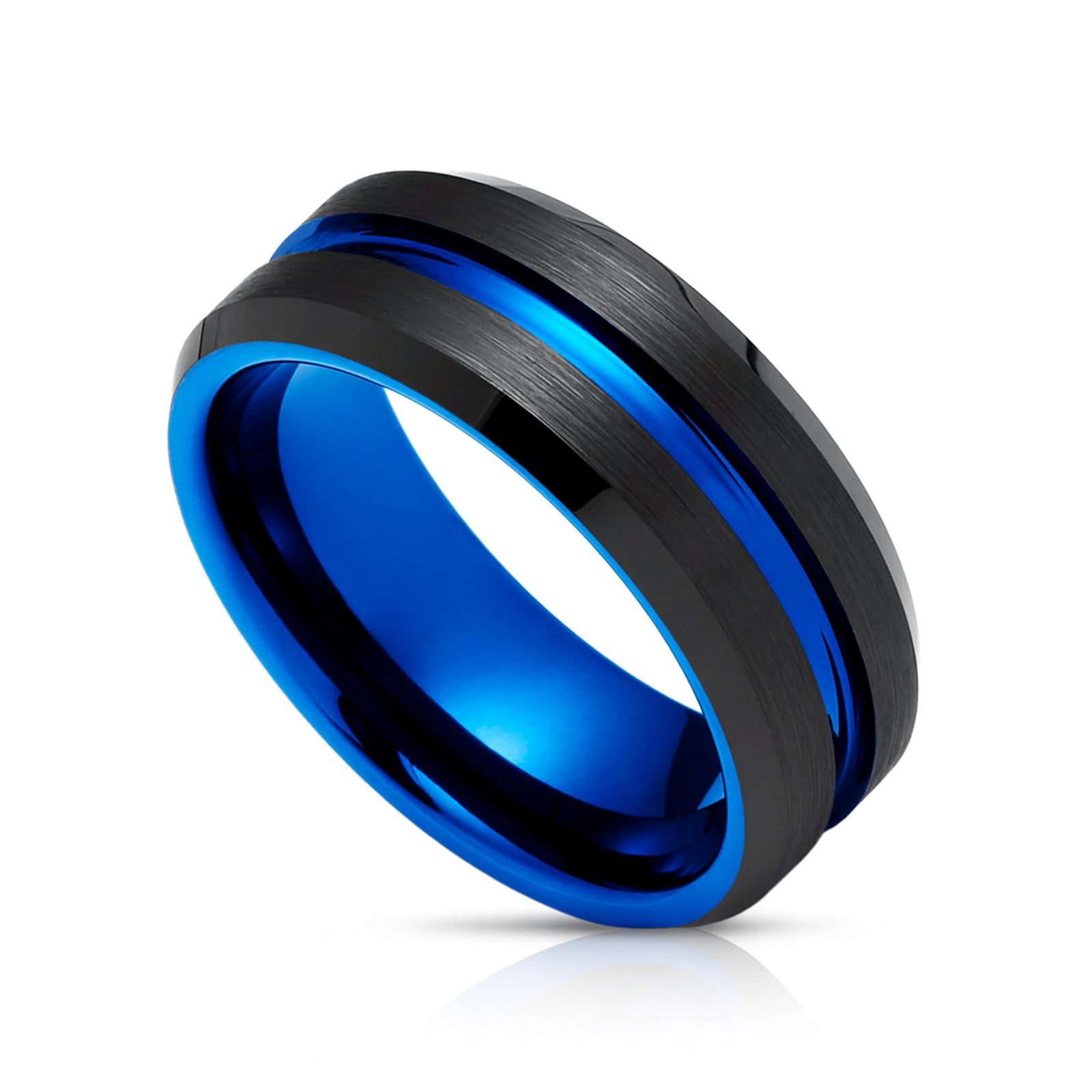 8mm - Black Blue Tungsten Carbide Ring Center Groove Beveled Edges Wedding Band
