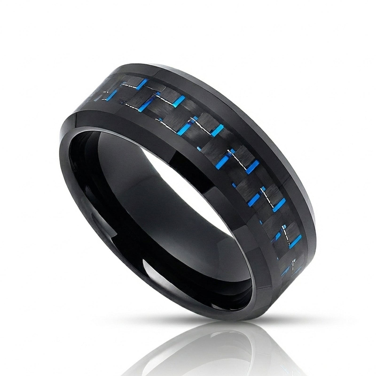 8mm Black Tungsten Ring With Blue Carbon Fiber Inlay, Engagement Ring