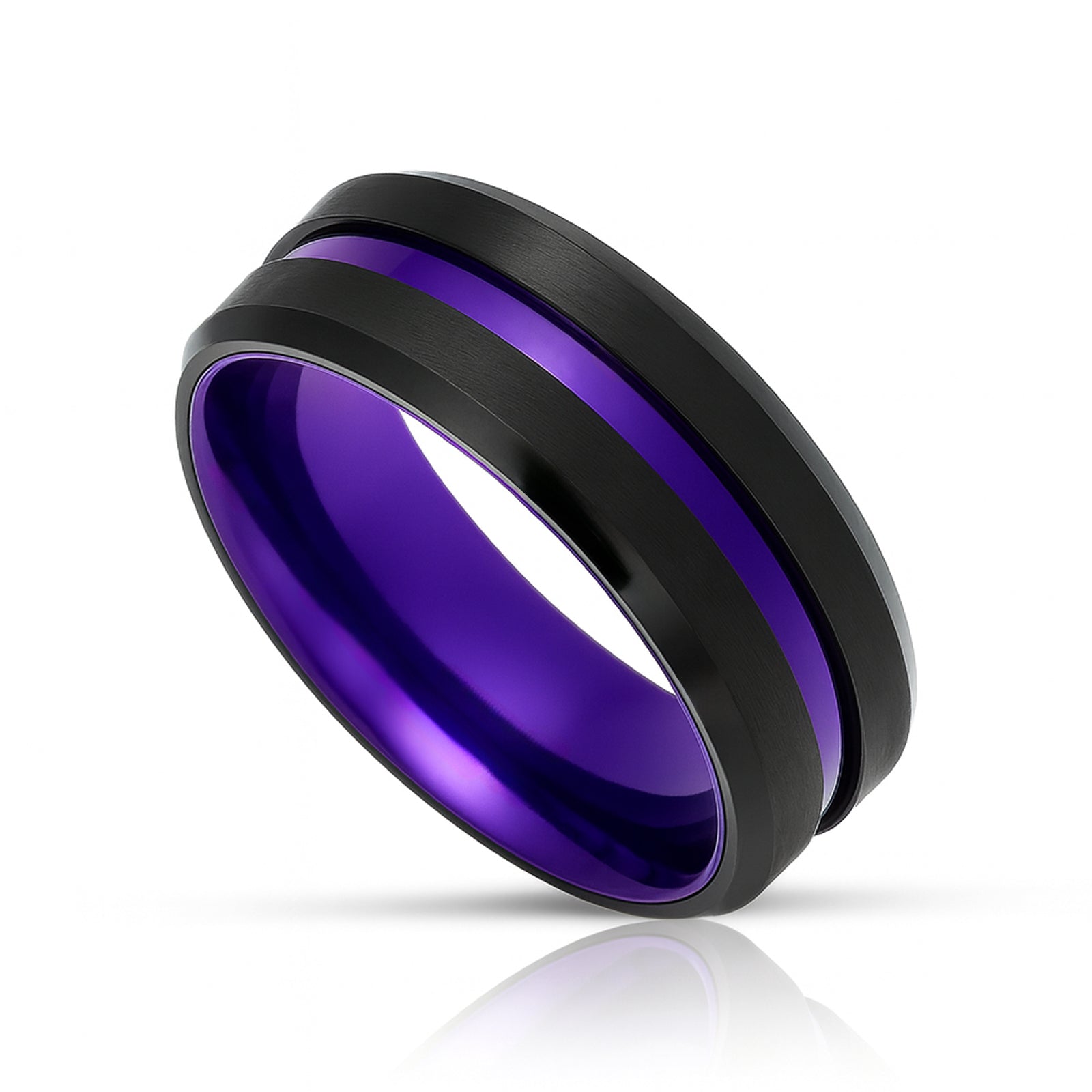 8mm - Black & Purple Tungsten Ring Matte Finish Beveled Edges Wedding Band Purple Inlay