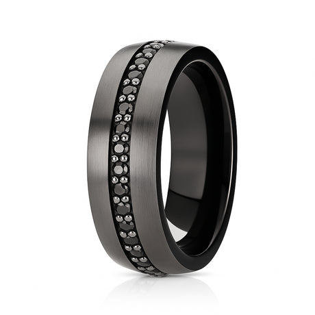 8mm Gunmetal & Black Tungsten Carbide Wedding Band with Black Sapphires