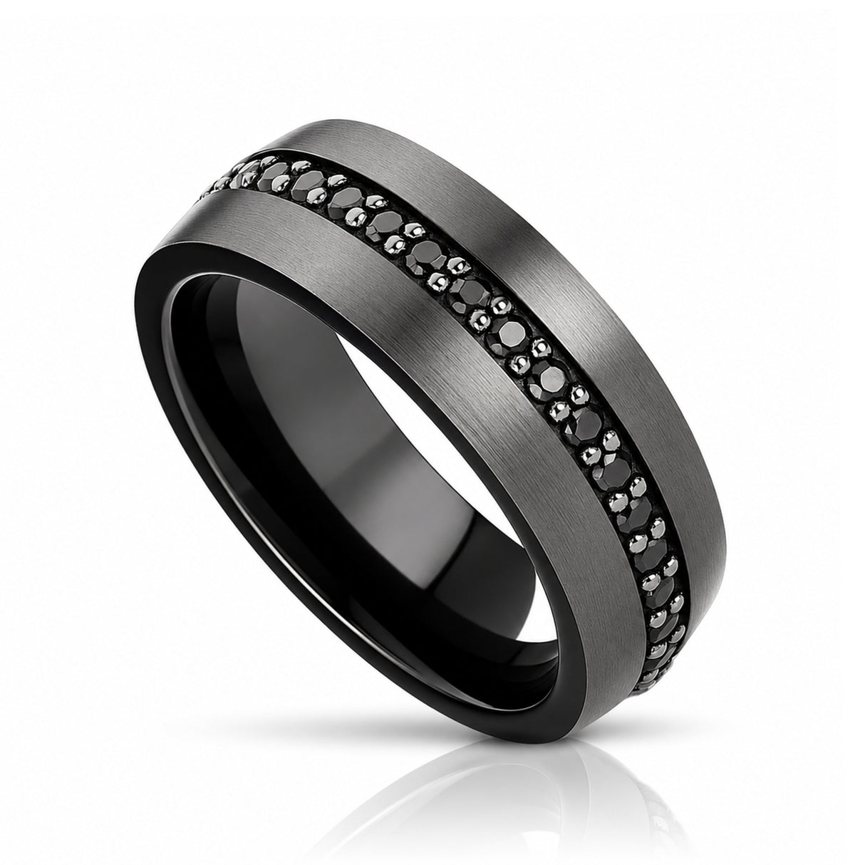 8mm Gunmetal & Black Tungsten Carbide Wedding Band with Black Sapphires