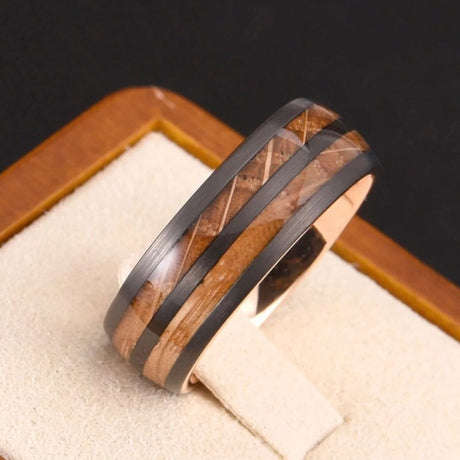 8mm Tungsten Double Barrel Wood Ring Rose Gold & Black Tungsten Ring