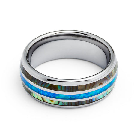 8mm Tungsten Carbide Wedding Ring with Blue Opal and Abalone Shell Inlay Dome Style High Polished Comfort Fit Size