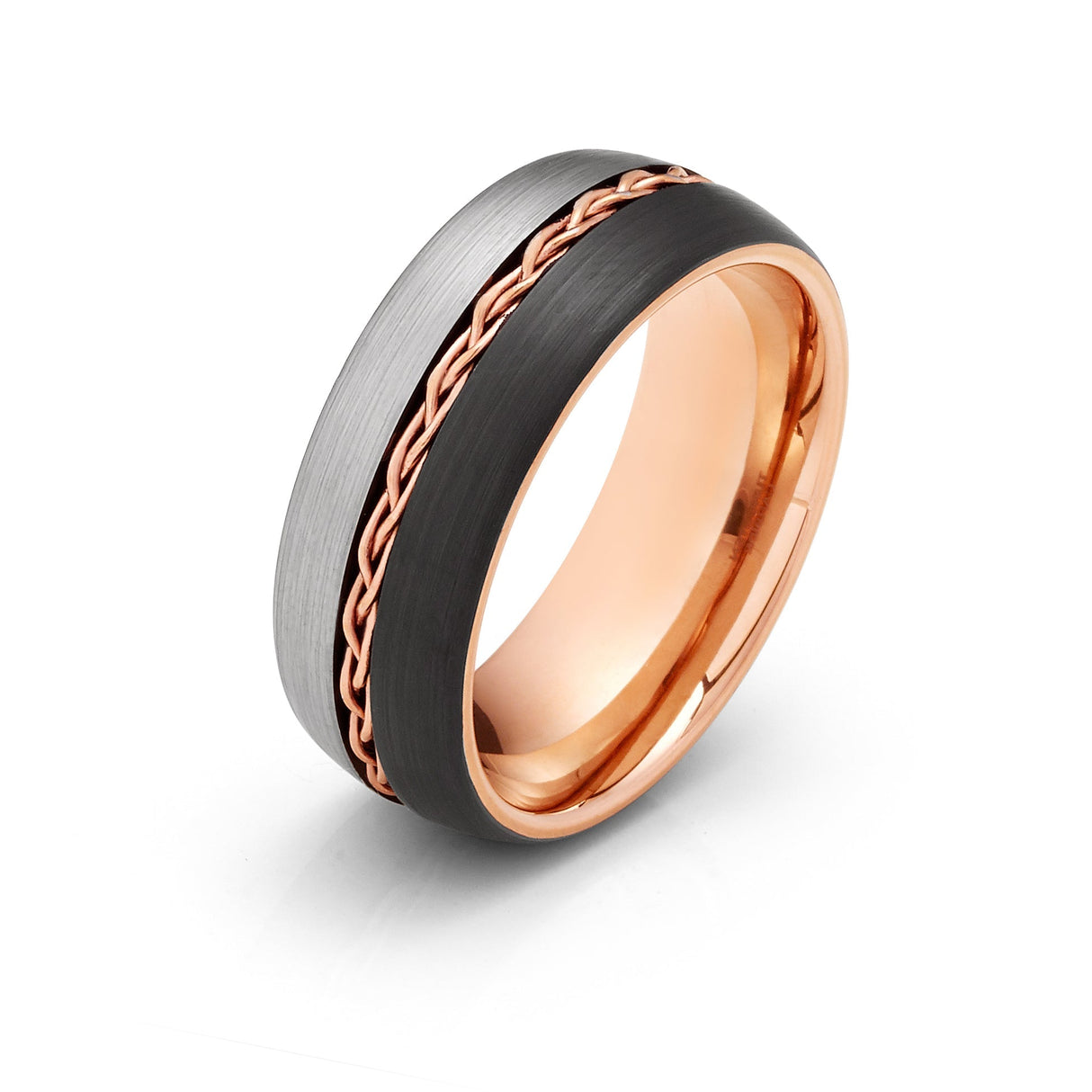 8mm Rose Gold Tungsten Carbide Ring Braid Ring Brushed Black & Gunmetal Center