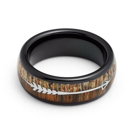 8mm Black Tungsten Wedding Ring W/ Koa Wood & Antler Arrow Ring