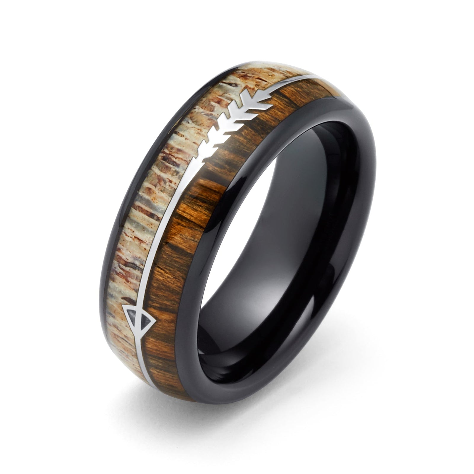 8mm Black Tungsten Wedding Ring W/ Koa Wood & Antler Arrow Ring