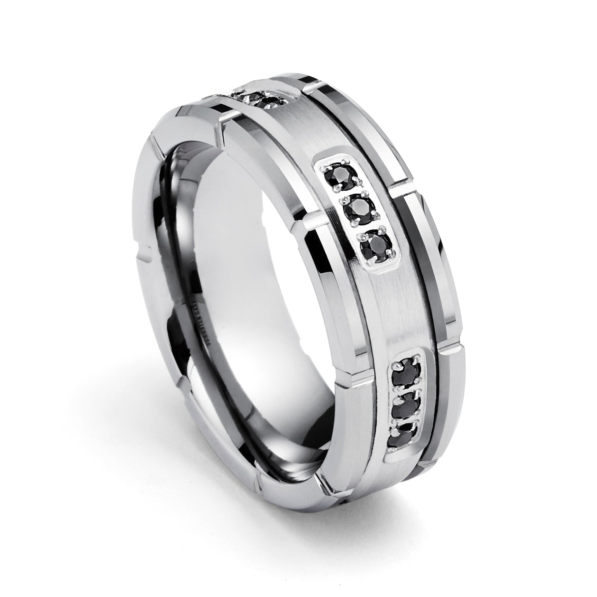 Tungsten Wedding Band Silver W/ Black Diamonds Ring, Grooved - 8mm