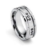 Tungsten Wedding Band Silver W/ Black Diamonds Ring, Grooved - 8mm