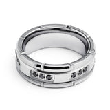 Tungsten Wedding Band Silver W/ Black Diamonds Ring, Grooved - 8mm