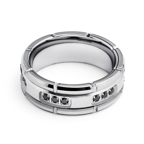 Tungsten Wedding Band Silver W/ Black Diamonds Ring, Grooved - 8mm