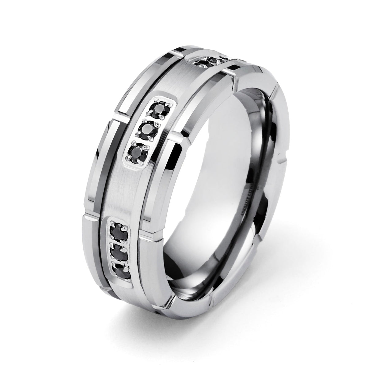 Tungsten Wedding Band Silver W/ Black Diamonds Ring, Grooved - 8mm