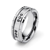 Tungsten Wedding Band Silver W/ Black Diamonds Ring, Grooved - 8mm