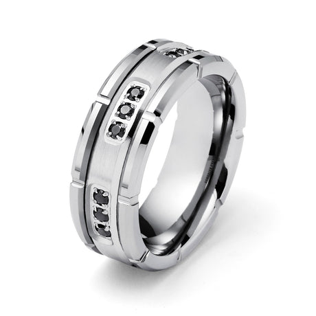 Tungsten Wedding Band Silver W/ Black Diamonds Ring, Grooved - 8mm