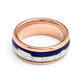 6mm- ROSE GOLD TUNGSTEN ARROW RING W/ BLUE LAPIS LAZULI, FAUX METEORITE,