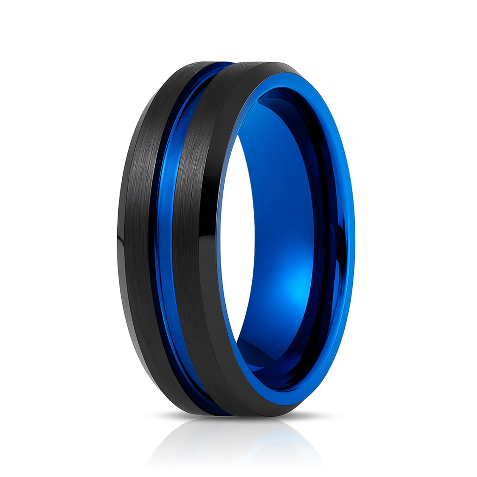 8mm - Black Blue Tungsten Carbide Ring Center Groove Beveled Edges Wedding Band
