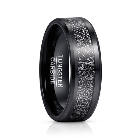 8mm - Tungsten wedding Rings W/ Black Meteorite Inlay Beveled Edges