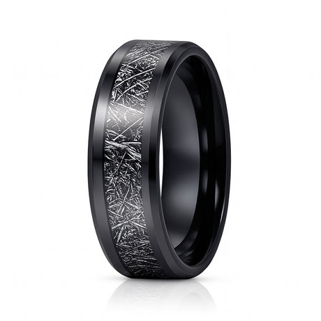 8mm - Tungsten wedding Rings W/ Black Meteorite Inlay Beveled Edges