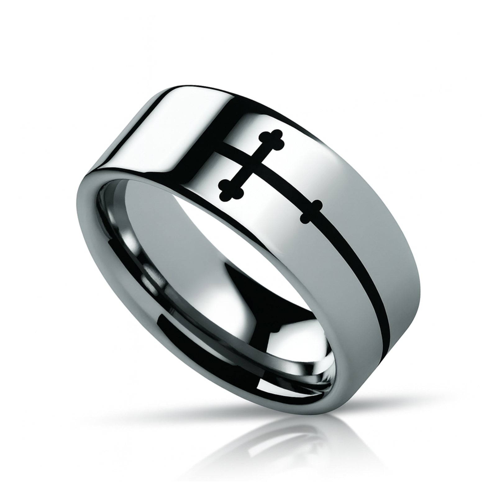 SIDEWAYS CROSS on Flat Tungsten Carbide Ring