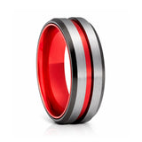 8mm - Red Tungsten Ring Black beveled edges w/ Brushed center wedding band