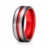 8mm - Red Tungsten Ring Black beveled edges w/ Brushed center wedding band