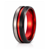 8mm - Red Tungsten Ring w/Black beveled edges w/ half Brushed center wedding band