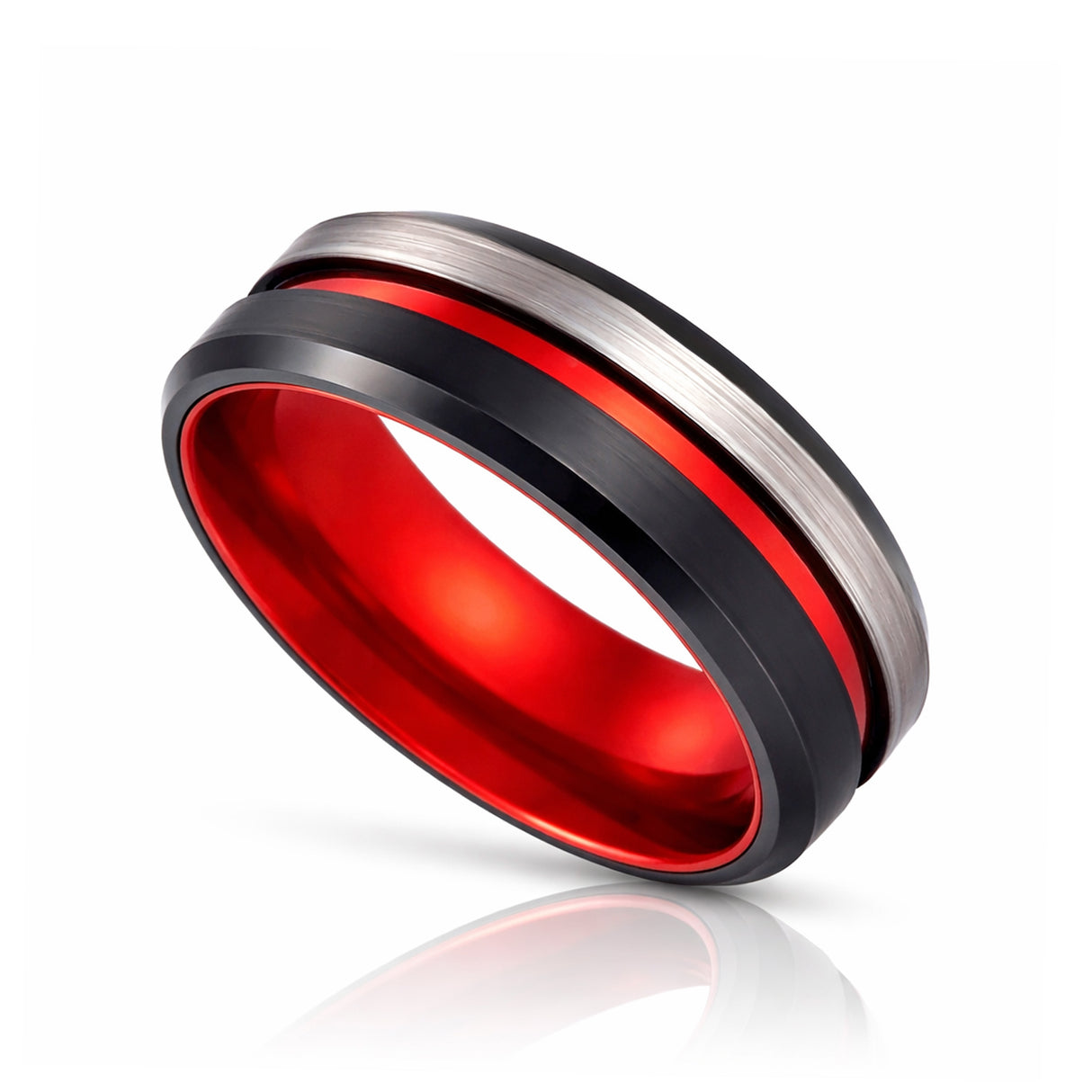 8mm - Red Tungsten Ring w/Black beveled edges w/ half Brushed center wedding band