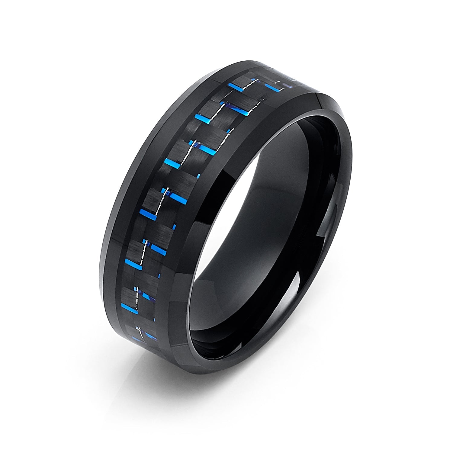 8mm Black Tungsten Ring With Blue Carbon Fiber Inlay, Engagement Ring