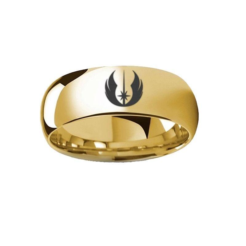 Polished Gold Plated Tungsten Domed Jedi Order Symbol Star Wars Ring