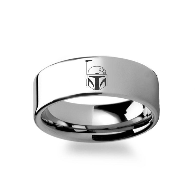 Boba Fett Helmet Symbol Star Wars Polished Tungsten Engraved Ring Jewelry - 10mm - 12mm