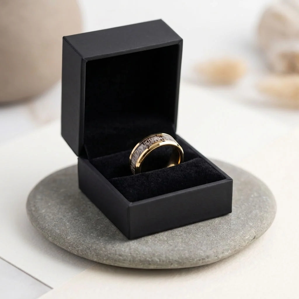 JAEGER – Gold Tungsten Band W/ Deer Antler & Fishhook Inlay