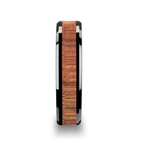 ACACIA Koa Wood Inlaid Black Ceramic Ring with Bevels - 10mm - 12mm