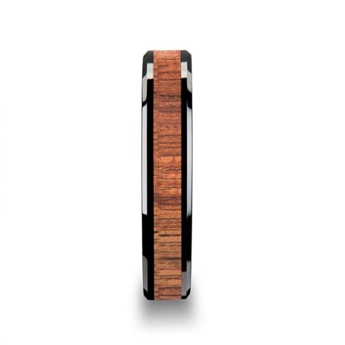 ACACIA Koa Wood Inlaid Black Ceramic Ring with Bevels - 10mm - 12mm